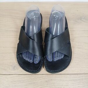 Jerusalem Sandals Slides Men 10-10.5 Black Leather Cross Strap Flat Boho Minimal